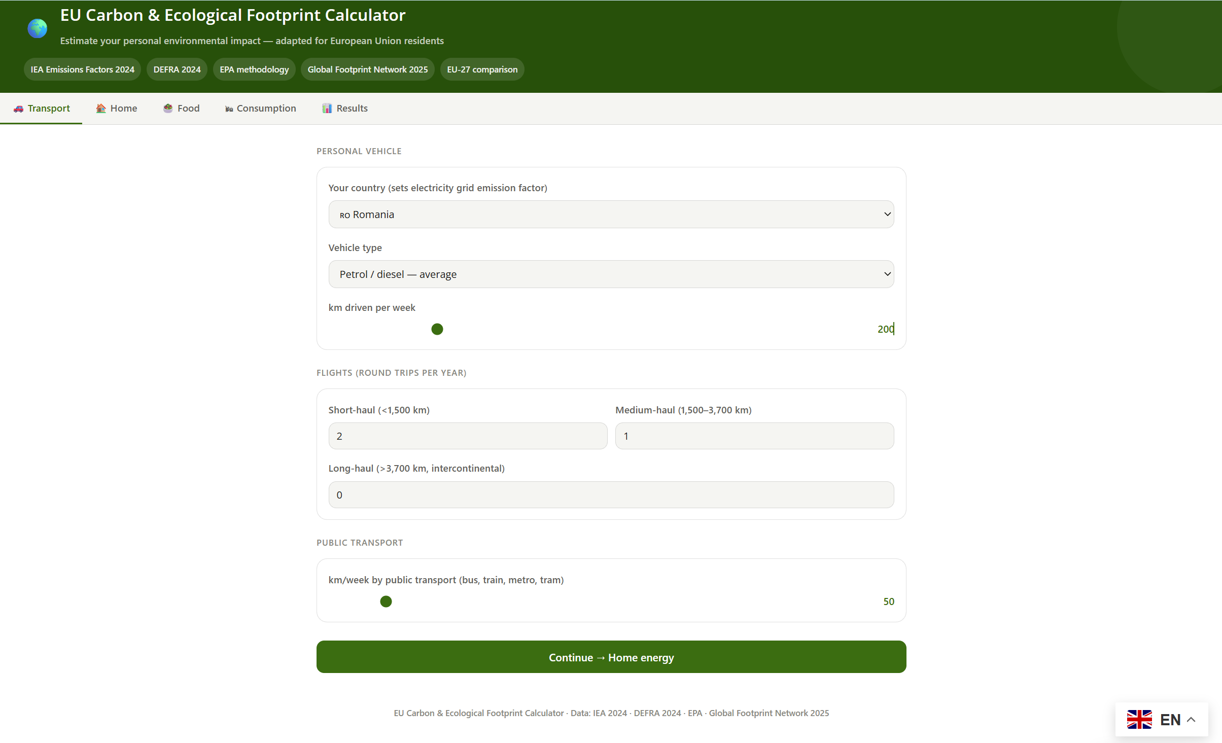 EU Carbon and Ecological Footprint Calculator